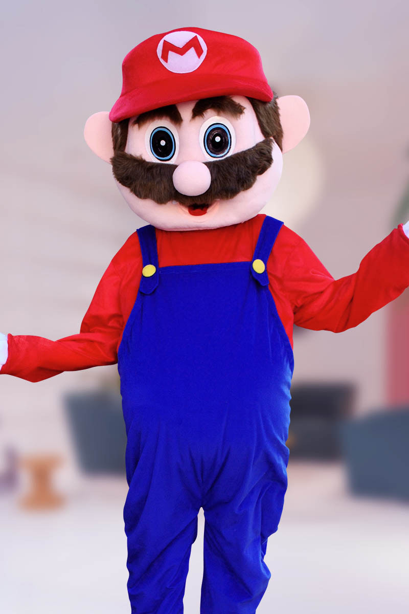 Mario mascot character posing at gaming birthday party in Las Vegas